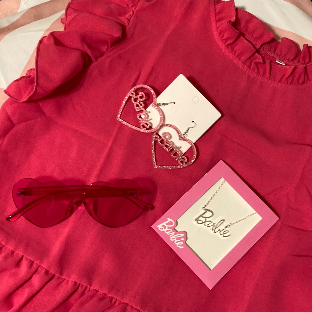 Barbie Outfit Set earrings, necklace, XL hot pink ruffle blouse, pink sunglasses